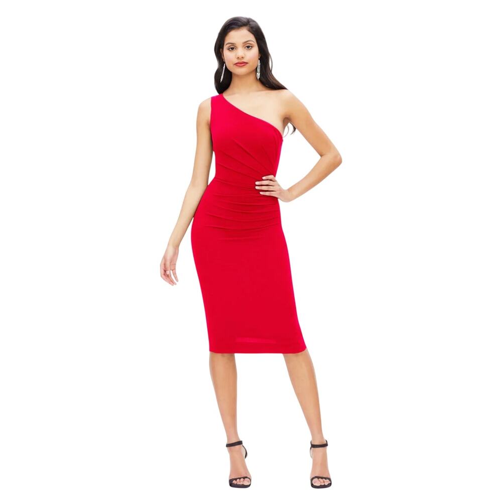 Dress the Population Red One Shoulder Ruched Sheath Knee Length Dress
